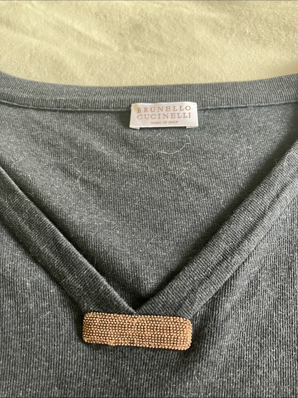 Brunello Cucinelli Gray V-Neck Sweater with Gold Beaded Bar